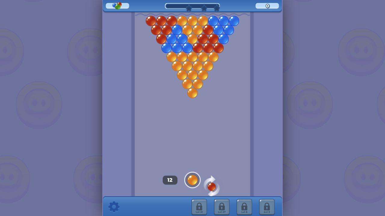 Bubble Blast opening board with a three-color bubble cluster and 12 shots remaining
