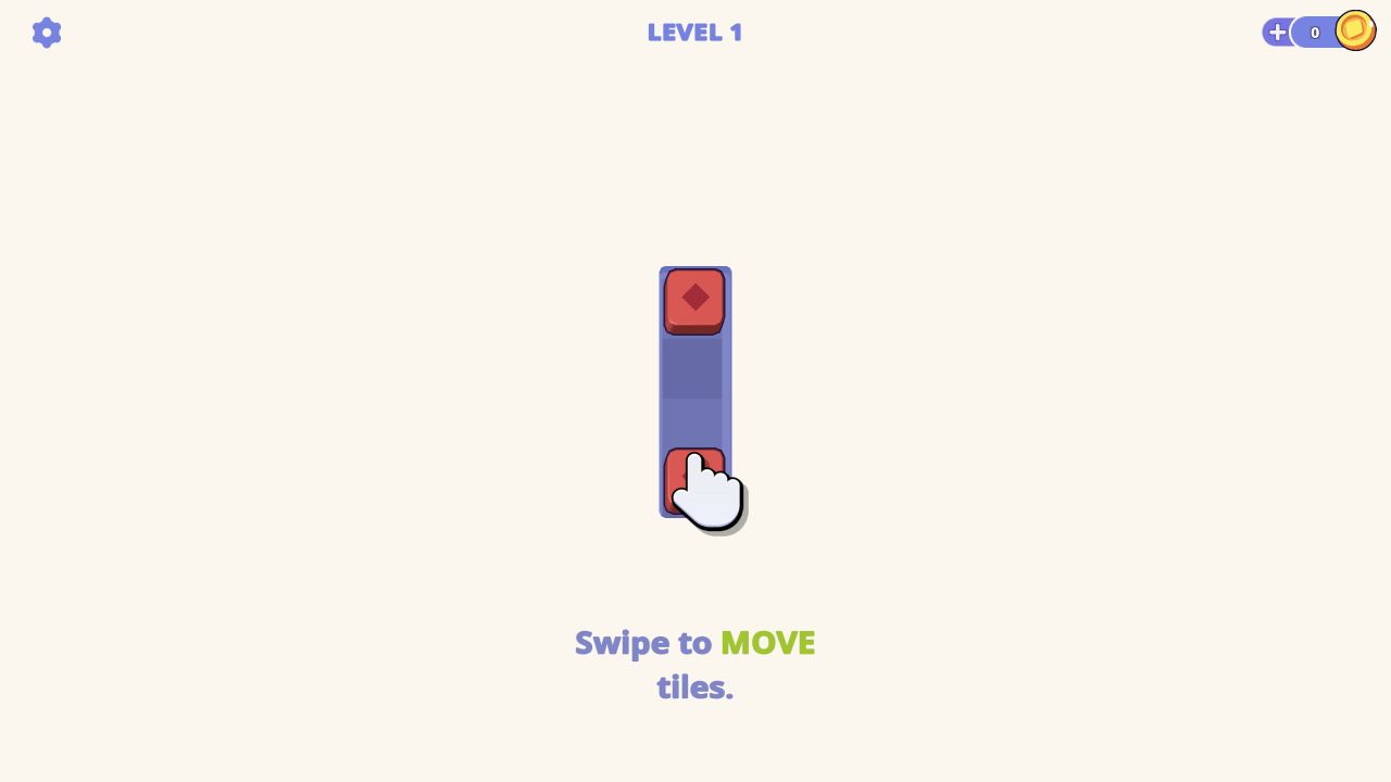 JuicyJong Level 1 with two red diamond tiles and a swipe tutorial hand