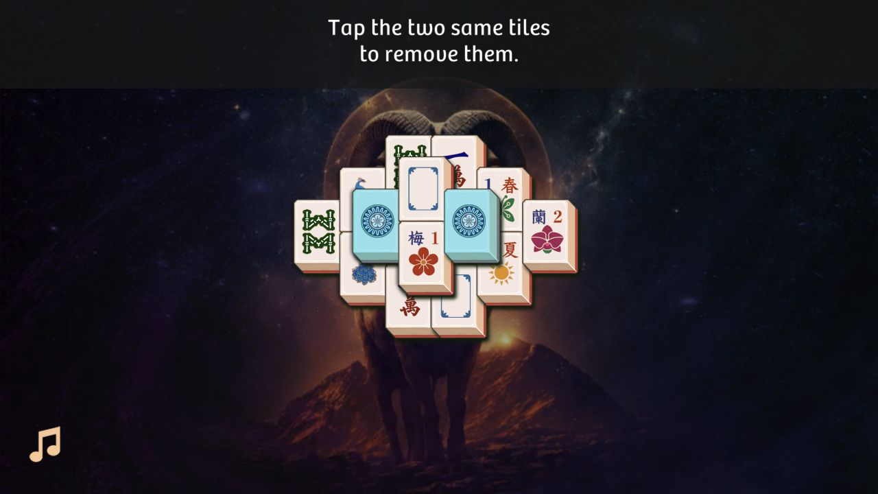 Mahjong Solitaire Zodiac opening tutorial with a layered tile stack over a ram