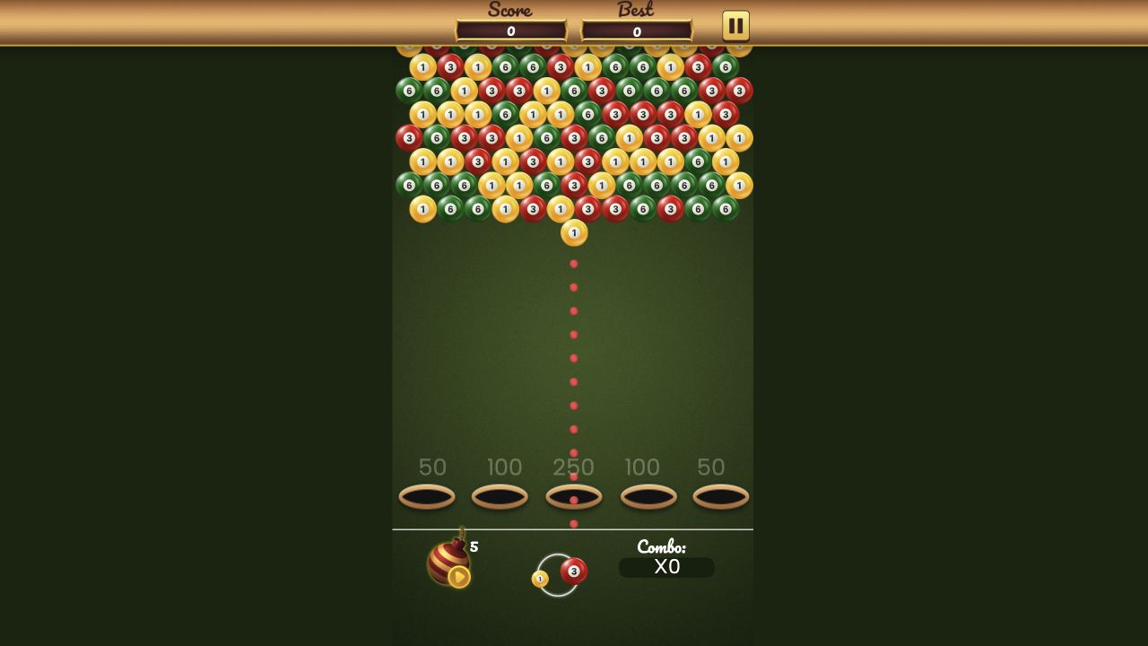 Pool Shoot Tournament live table with numbered balls, dotted aim line, and pocket values